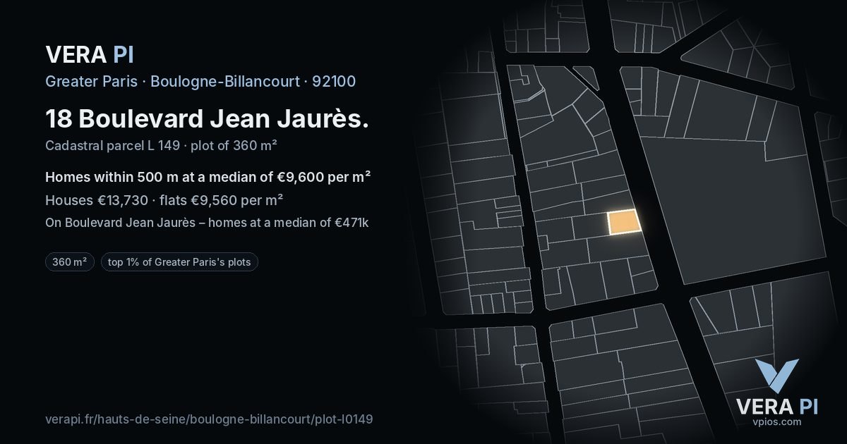 18 Boulevard Jean Jaurès, Boulogne-Billancourt at night – the plot lit, the parcels around coloured by the prices near them