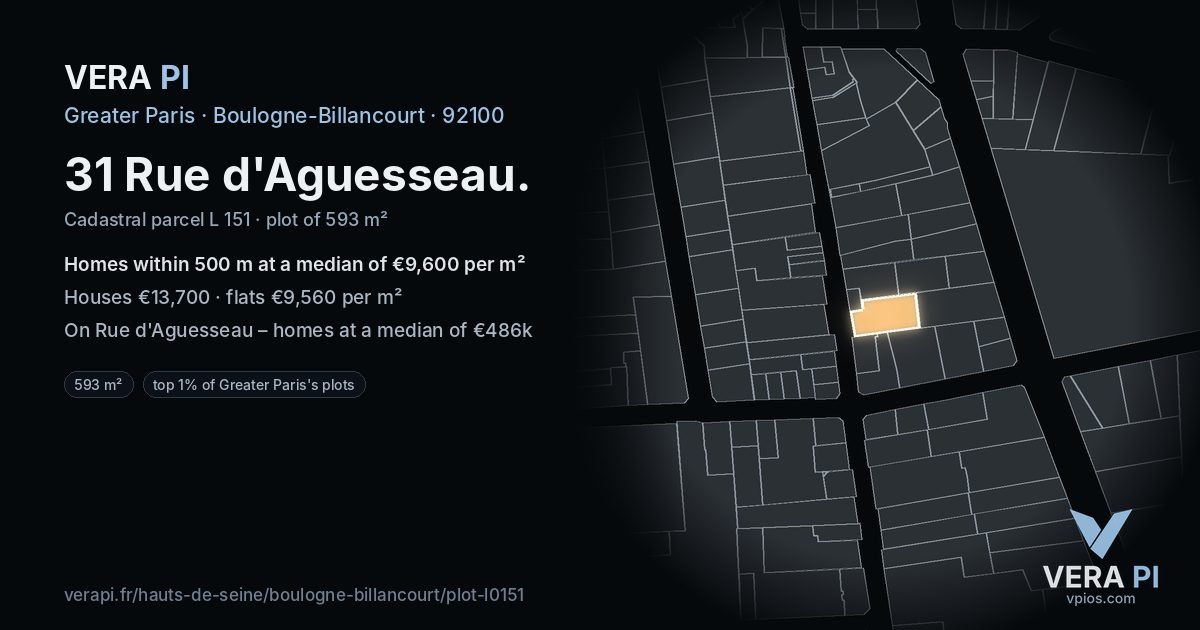 31 Rue d'Aguesseau, Boulogne-Billancourt at night – the plot lit, the parcels around coloured by the prices near them