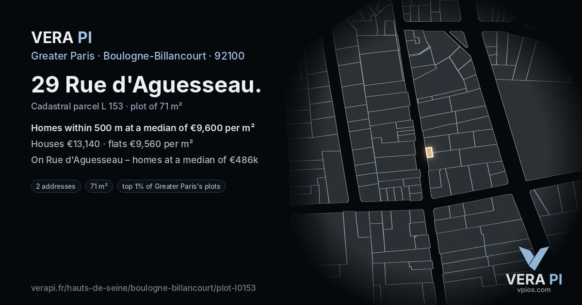 29 Rue d'Aguesseau, Boulogne-Billancourt at night – the plot lit, the parcels around coloured by the prices near them