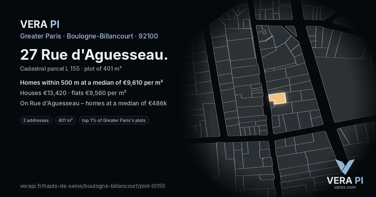 27 Rue d'Aguesseau, Boulogne-Billancourt at night – the plot lit, the parcels around coloured by the prices near them