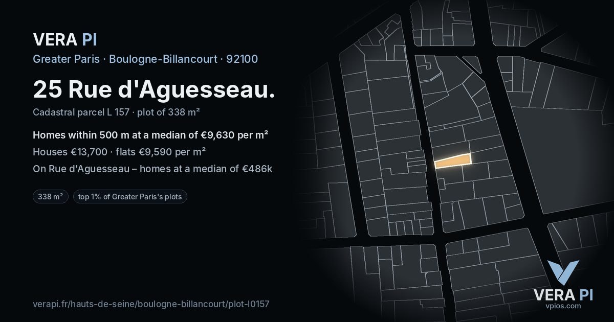 25 Rue d'Aguesseau, Boulogne-Billancourt at night – the plot lit, the parcels around coloured by the prices near them