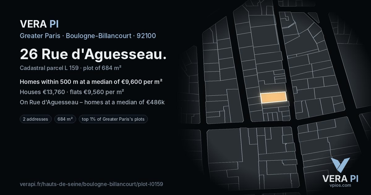 26 Rue d'Aguesseau, Boulogne-Billancourt at night – the plot lit, the parcels around coloured by the prices near them