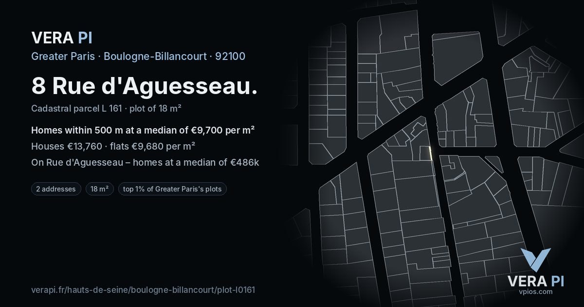 8 Rue d'Aguesseau, Boulogne-Billancourt at night – the plot lit, the parcels around coloured by the prices near them