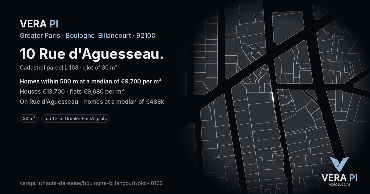 10 Rue d'Aguesseau, Boulogne-Billancourt at night – the plot lit, the parcels around coloured by the prices near them