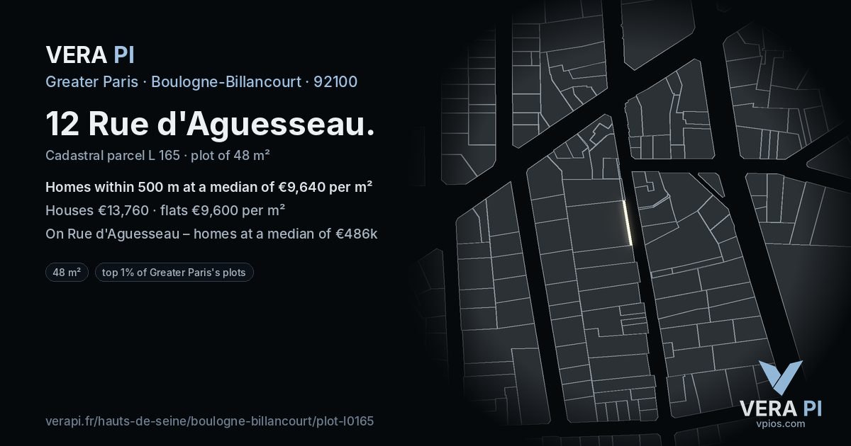 12 Rue d'Aguesseau, Boulogne-Billancourt at night – the plot lit, the parcels around coloured by the prices near them