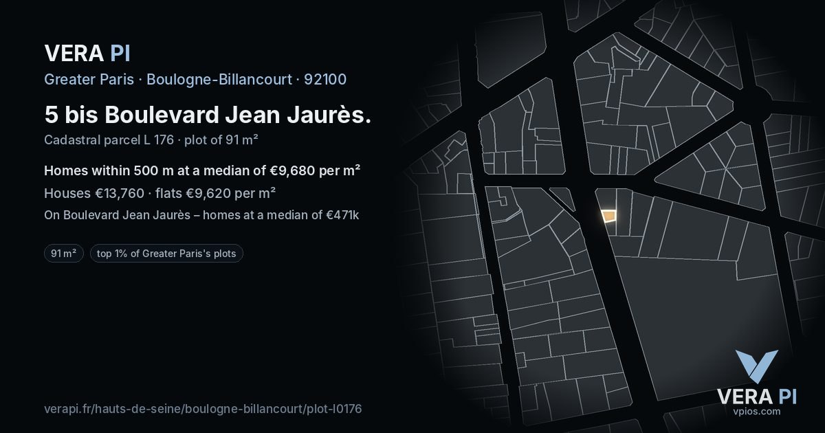 5 bis Boulevard Jean Jaurès, Boulogne-Billancourt at night – the plot lit, the parcels around coloured by the prices near them