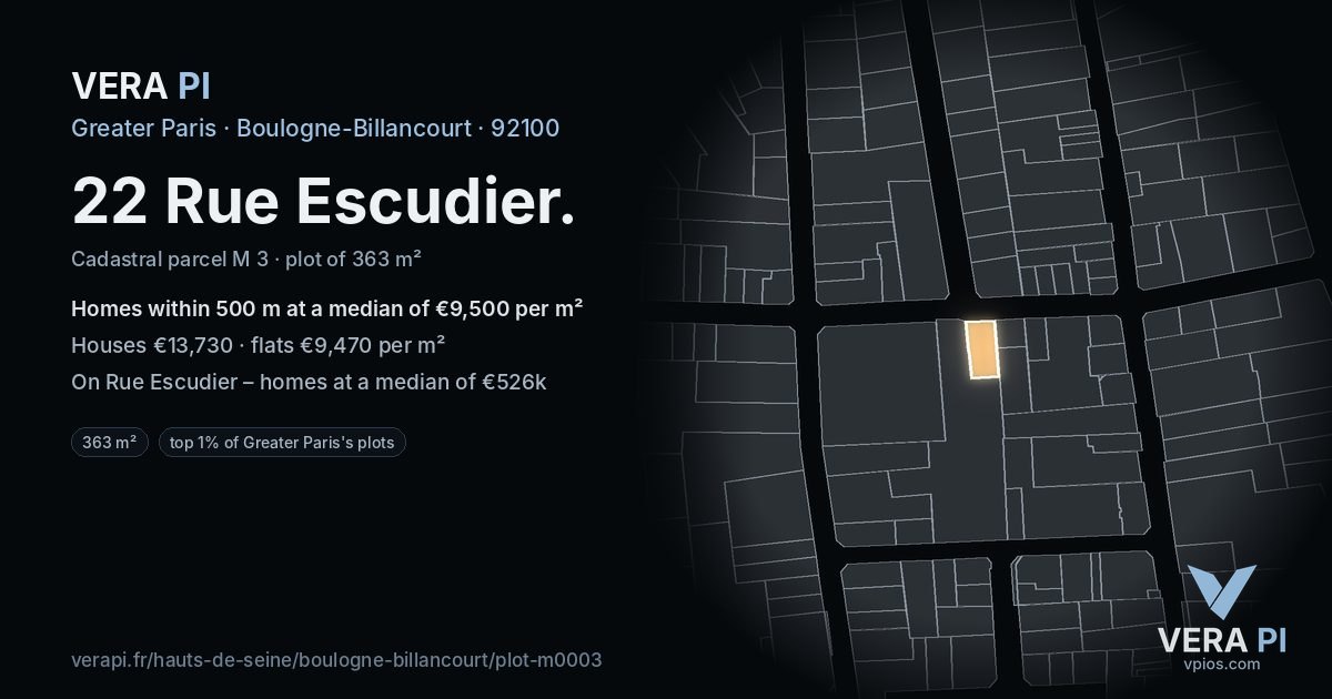 22 Rue Escudier, Boulogne-Billancourt at night – the plot lit, the parcels around coloured by the prices near them