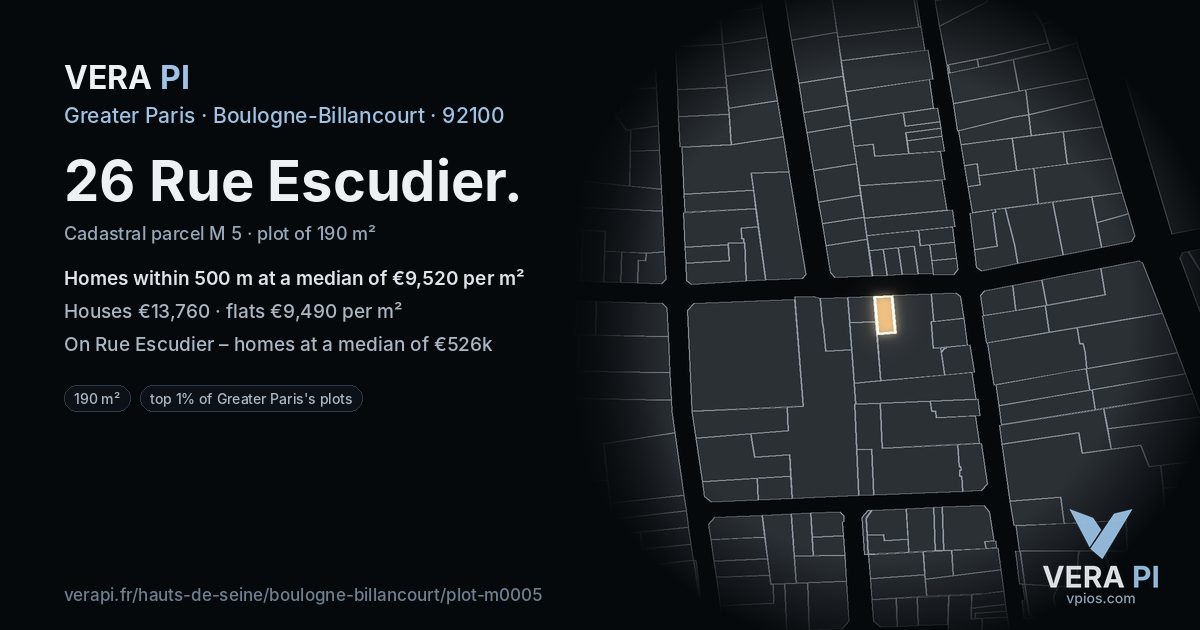 26 Rue Escudier, Boulogne-Billancourt at night – the plot lit, the parcels around coloured by the prices near them
