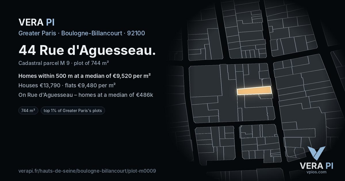 44 Rue d'Aguesseau, Boulogne-Billancourt at night – the plot lit, the parcels around coloured by the prices near them