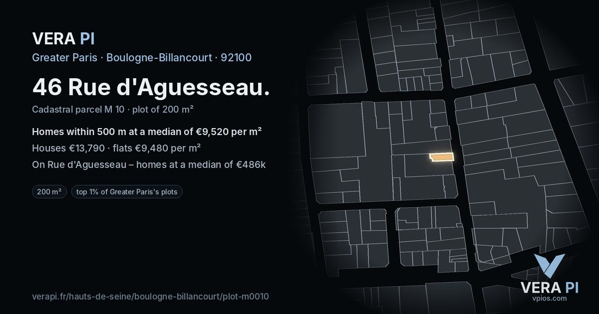 46 Rue d'Aguesseau, Boulogne-Billancourt at night – the plot lit, the parcels around coloured by the prices near them
