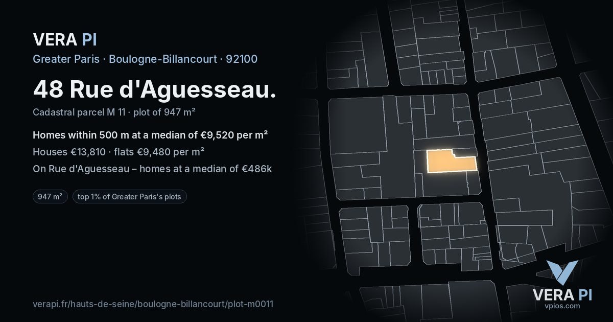 48 Rue d'Aguesseau, Boulogne-Billancourt at night – the plot lit, the parcels around coloured by the prices near them