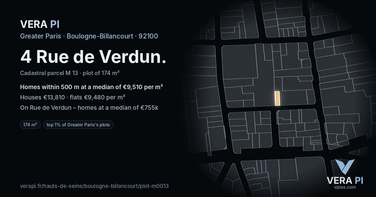 4 Rue de Verdun, Boulogne-Billancourt at night – the plot lit, the parcels around coloured by the prices near them