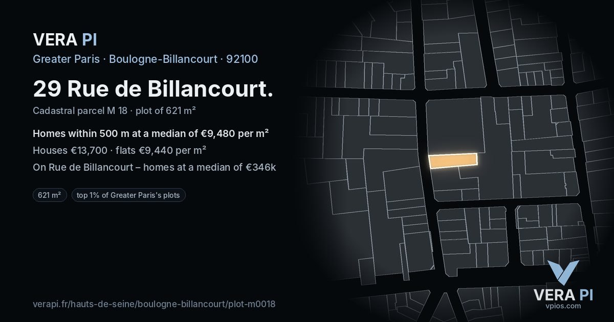 29 Rue de Billancourt, Boulogne-Billancourt at night – the plot lit, the parcels around coloured by the prices near them
