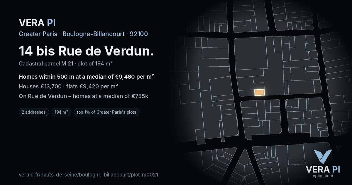 14 bis Rue de Verdun, Boulogne-Billancourt at night – the plot lit, the parcels around coloured by the prices near them