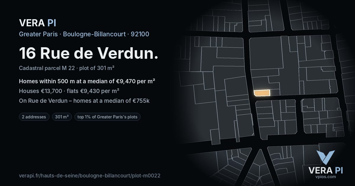 16 Rue de Verdun, Boulogne-Billancourt at night – the plot lit, the parcels around coloured by the prices near them