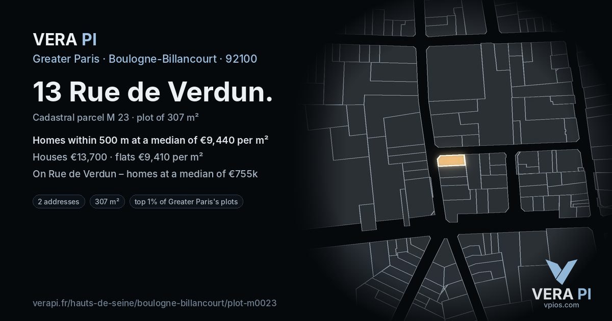 13 Rue de Verdun, Boulogne-Billancourt at night – the plot lit, the parcels around coloured by the prices near them