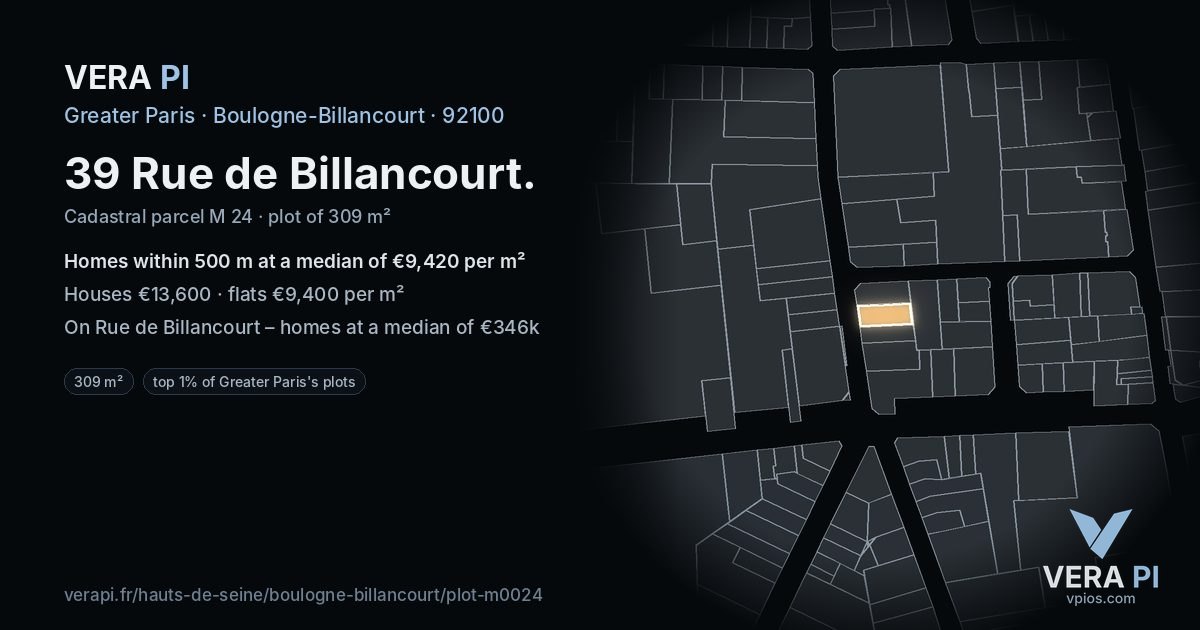 39 Rue de Billancourt, Boulogne-Billancourt at night – the plot lit, the parcels around coloured by the prices near them