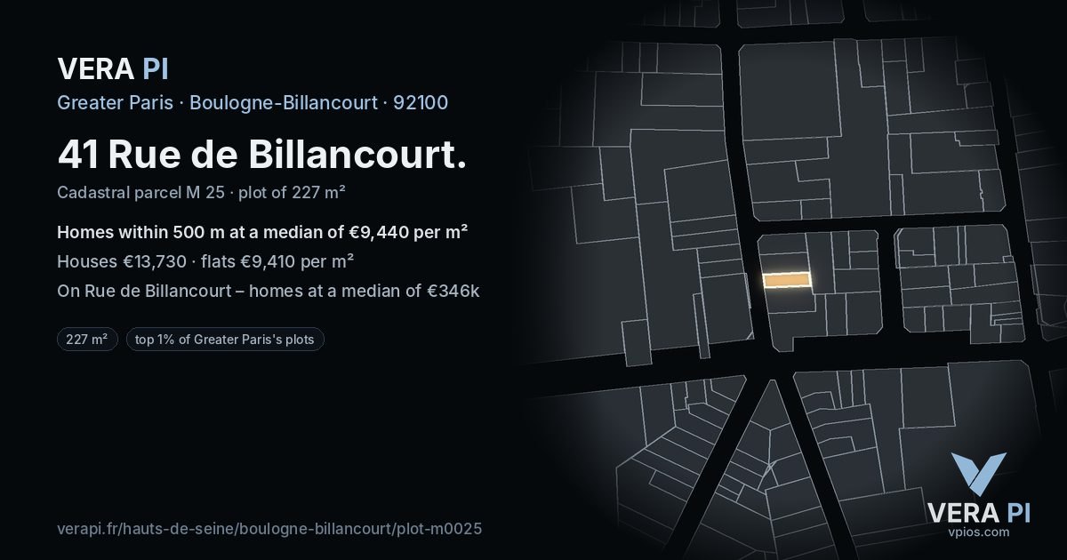 41 Rue de Billancourt, Boulogne-Billancourt at night – the plot lit, the parcels around coloured by the prices near them