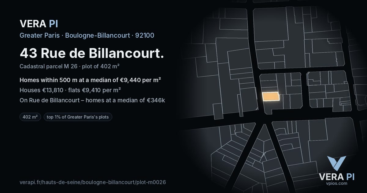 43 Rue de Billancourt, Boulogne-Billancourt at night – the plot lit, the parcels around coloured by the prices near them