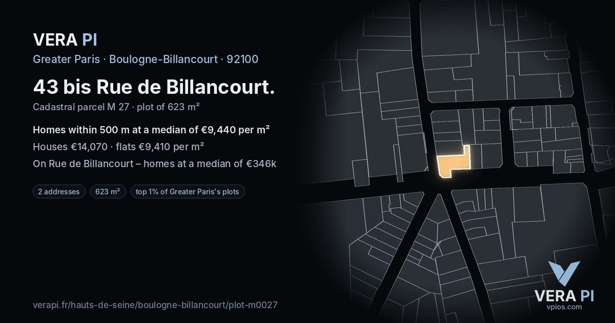 43 bis Rue de Billancourt, Boulogne-Billancourt at night – the plot lit, the parcels around coloured by the prices near them