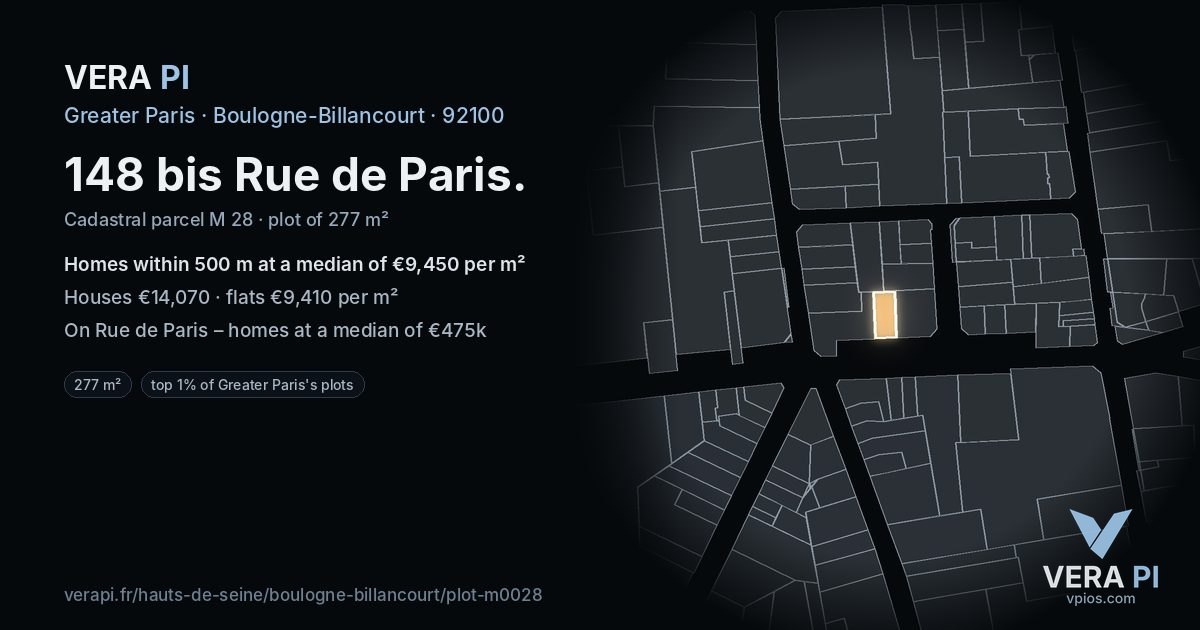 148 bis Rue de Paris, Boulogne-Billancourt at night – the plot lit, the parcels around coloured by the prices near them