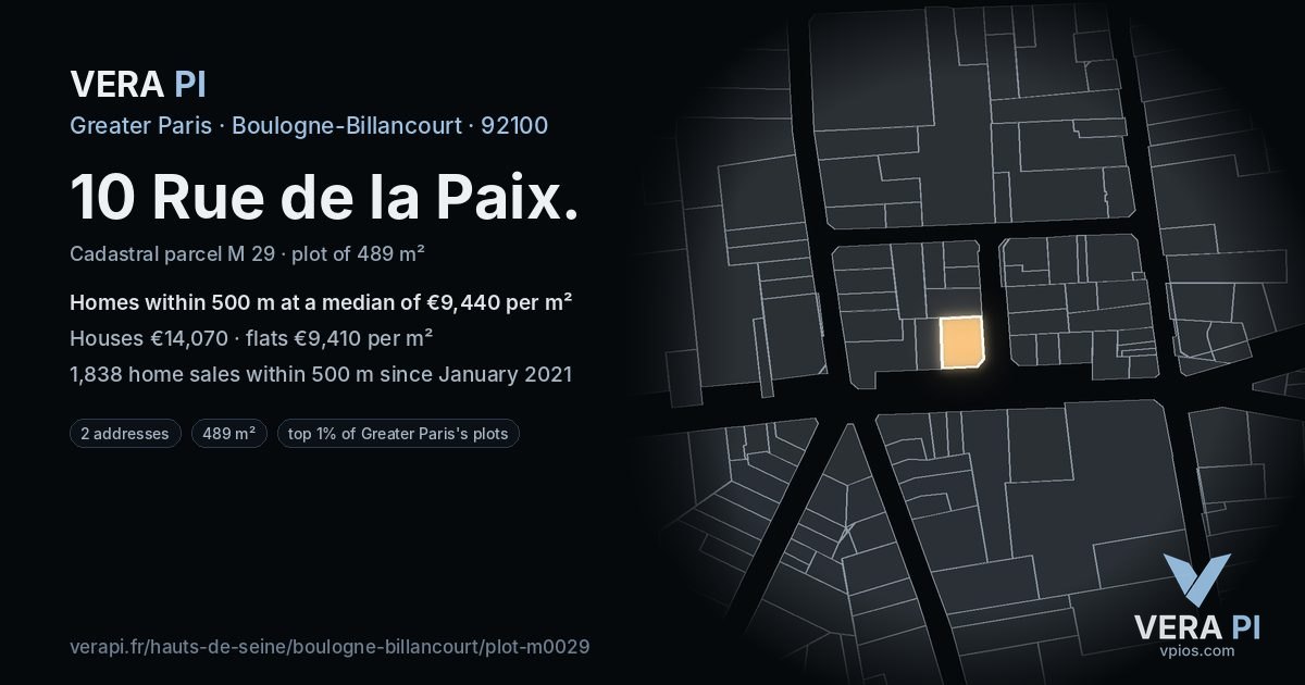 10 Rue de la Paix, Boulogne-Billancourt at night – the plot lit, the parcels around coloured by the prices near them