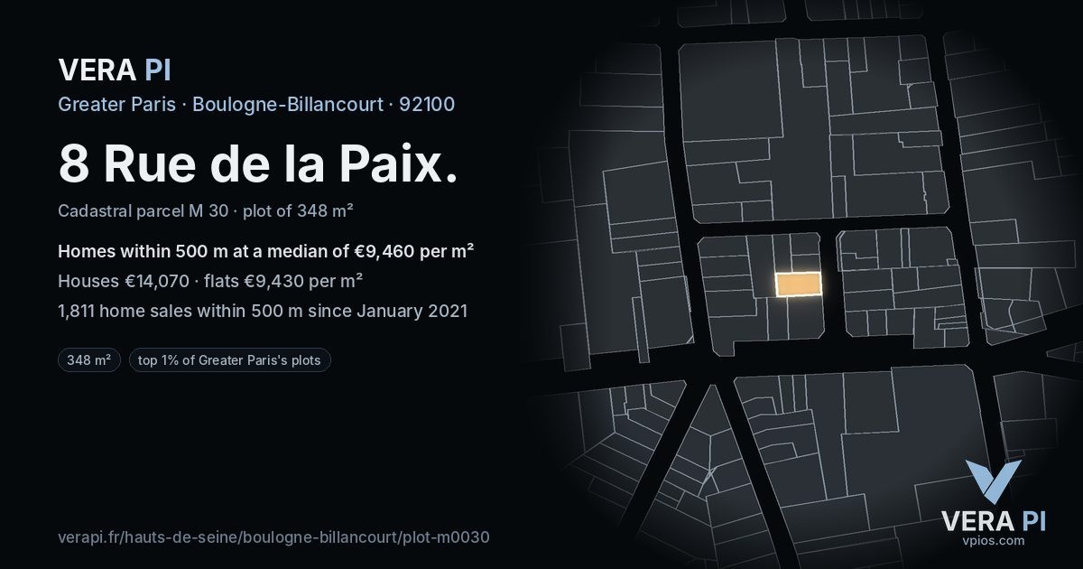 8 Rue de la Paix, Boulogne-Billancourt at night – the plot lit, the parcels around coloured by the prices near them
