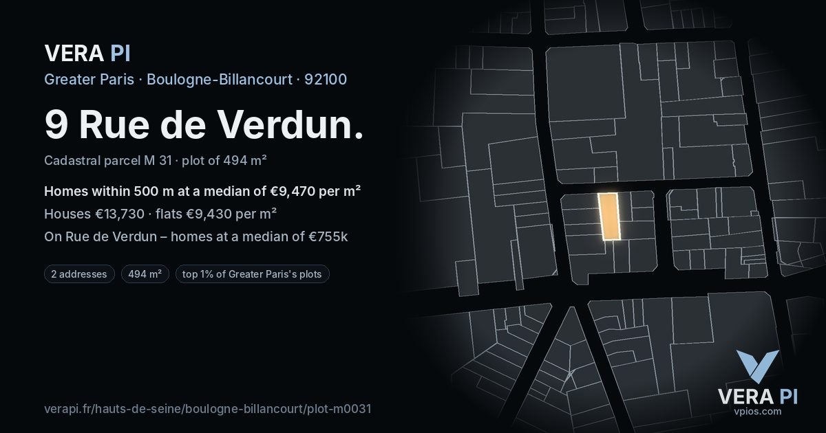 9 Rue de Verdun, Boulogne-Billancourt at night – the plot lit, the parcels around coloured by the prices near them