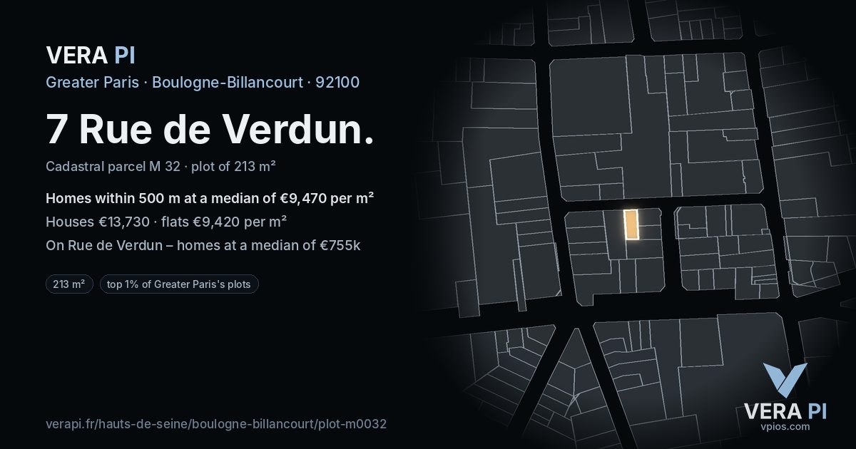 7 Rue de Verdun, Boulogne-Billancourt at night – the plot lit, the parcels around coloured by the prices near them