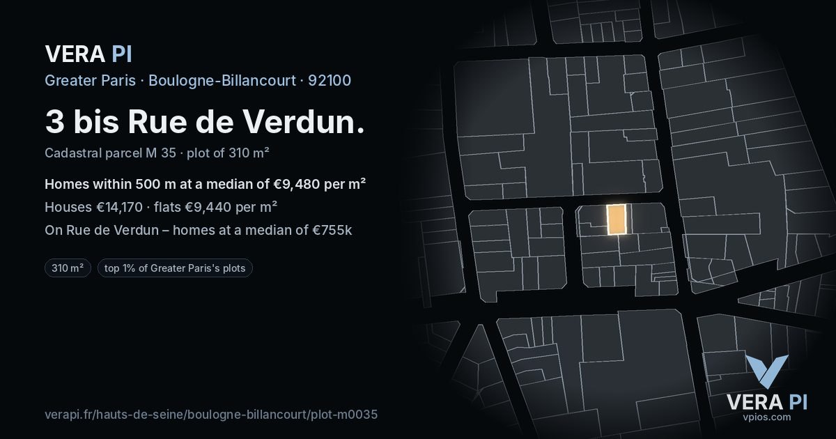 3 bis Rue de Verdun, Boulogne-Billancourt at night – the plot lit, the parcels around coloured by the prices near them
