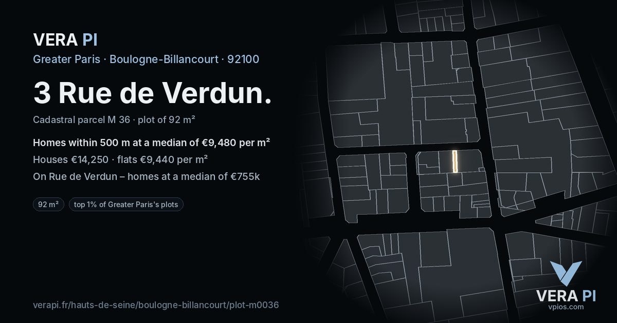 3 Rue de Verdun, Boulogne-Billancourt at night – the plot lit, the parcels around coloured by the prices near them