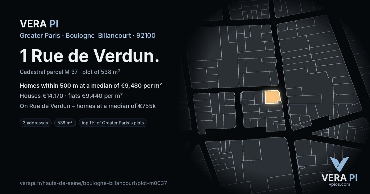 1 Rue de Verdun, Boulogne-Billancourt at night – the plot lit, the parcels around coloured by the prices near them