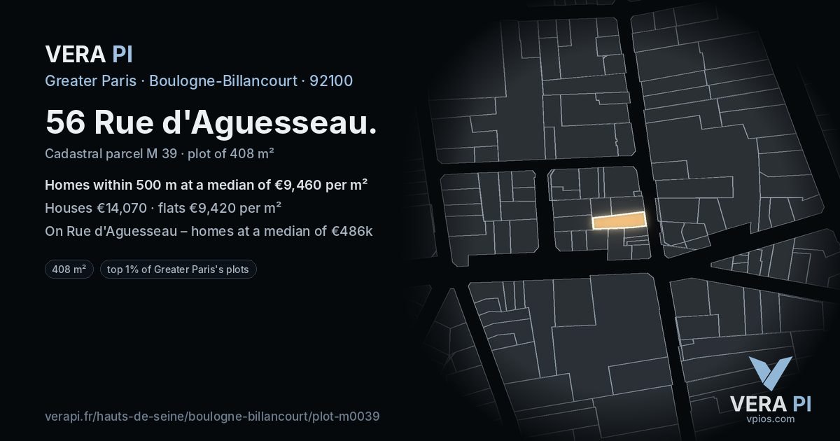 56 Rue d'Aguesseau, Boulogne-Billancourt at night – the plot lit, the parcels around coloured by the prices near them