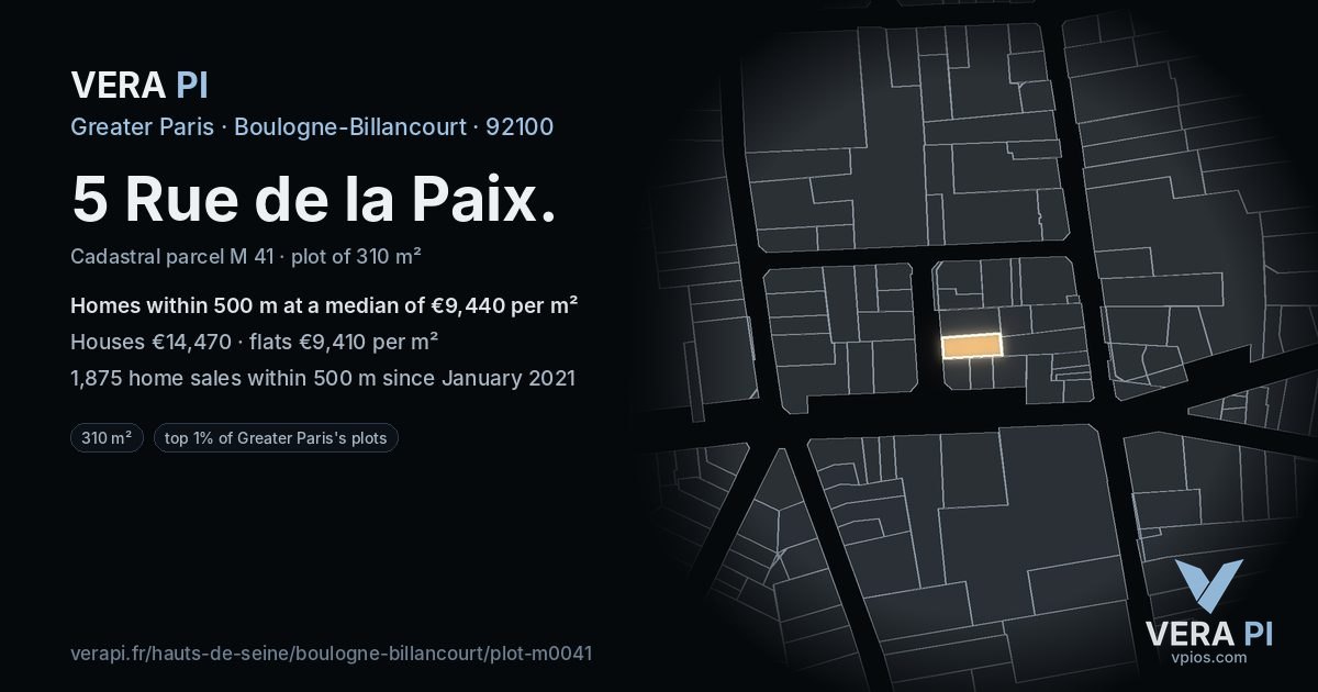 5 Rue de la Paix, Boulogne-Billancourt at night – the plot lit, the parcels around coloured by the prices near them
