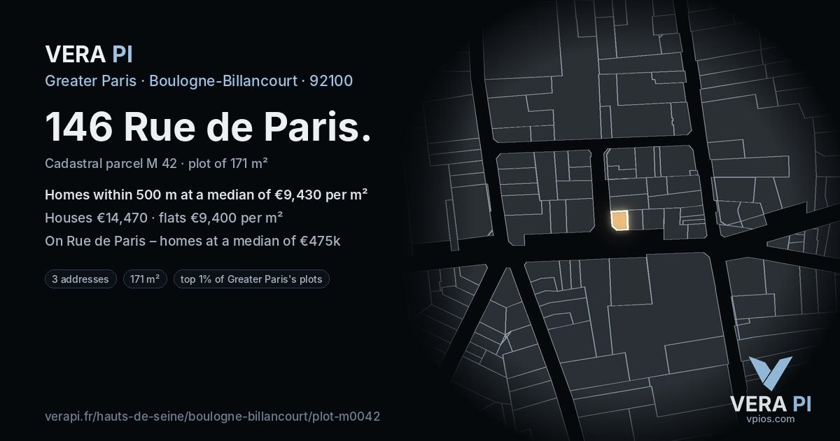 146 Rue de Paris, Boulogne-Billancourt at night – the plot lit, the parcels around coloured by the prices near them
