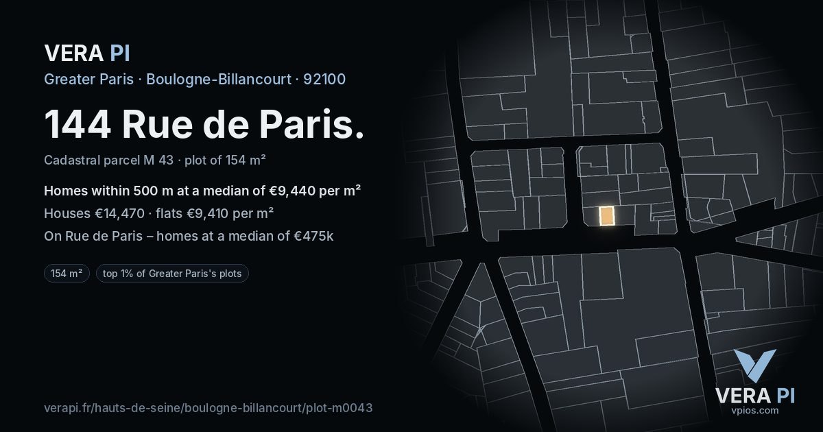 144 Rue de Paris, Boulogne-Billancourt at night – the plot lit, the parcels around coloured by the prices near them