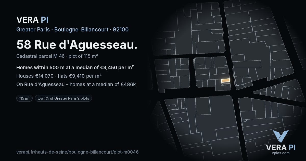58 Rue d'Aguesseau, Boulogne-Billancourt at night – the plot lit, the parcels around coloured by the prices near them