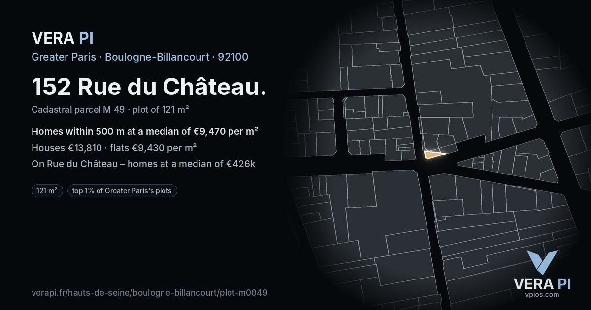 152 Rue du Château, Boulogne-Billancourt at night – the plot lit, the parcels around coloured by the prices near them
