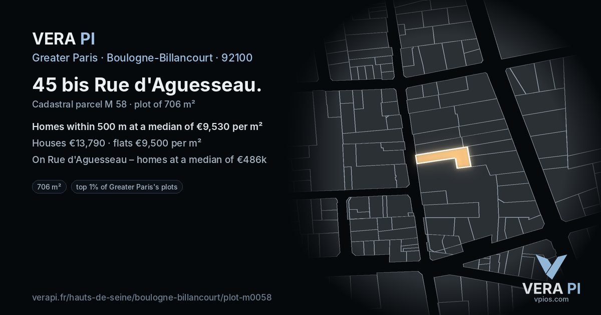45 bis Rue d'Aguesseau, Boulogne-Billancourt at night – the plot lit, the parcels around coloured by the prices near them