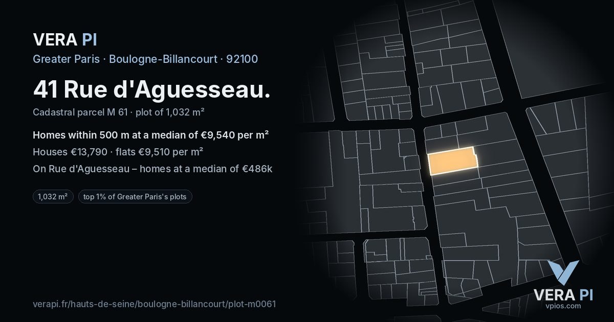 41 Rue d'Aguesseau, Boulogne-Billancourt at night – the plot lit, the parcels around coloured by the prices near them