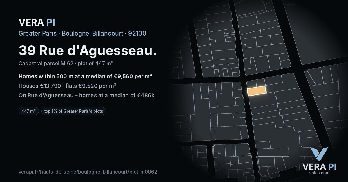 39 Rue d'Aguesseau, Boulogne-Billancourt at night – the plot lit, the parcels around coloured by the prices near them