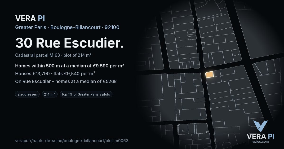 30 Rue Escudier, Boulogne-Billancourt at night – the plot lit, the parcels around coloured by the prices near them