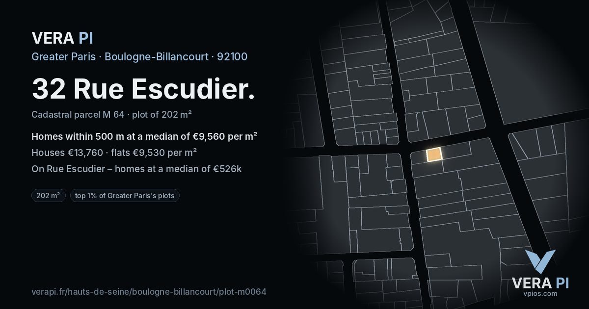 32 Rue Escudier, Boulogne-Billancourt at night – the plot lit, the parcels around coloured by the prices near them