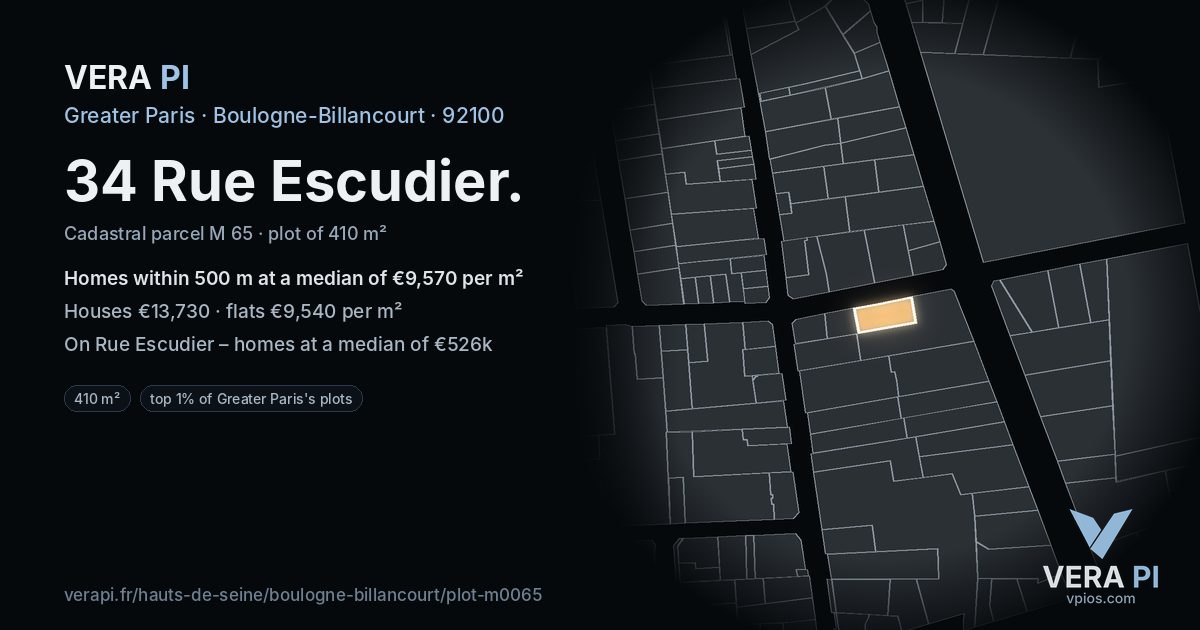 34 Rue Escudier, Boulogne-Billancourt at night – the plot lit, the parcels around coloured by the prices near them
