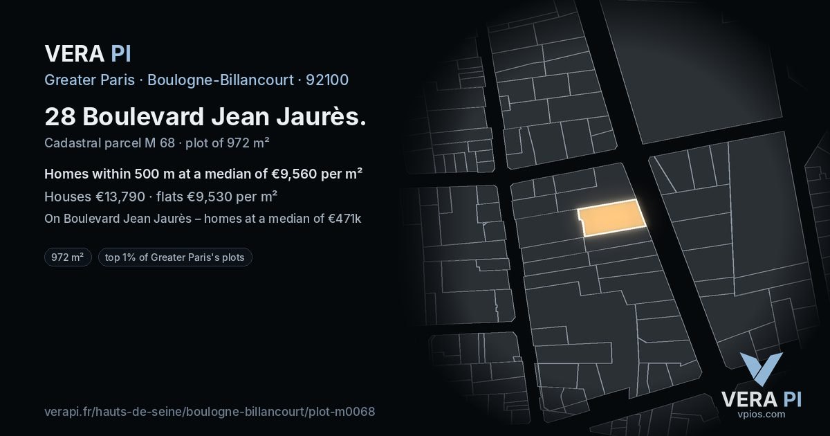 28 Boulevard Jean Jaurès, Boulogne-Billancourt at night – the plot lit, the parcels around coloured by the prices near them