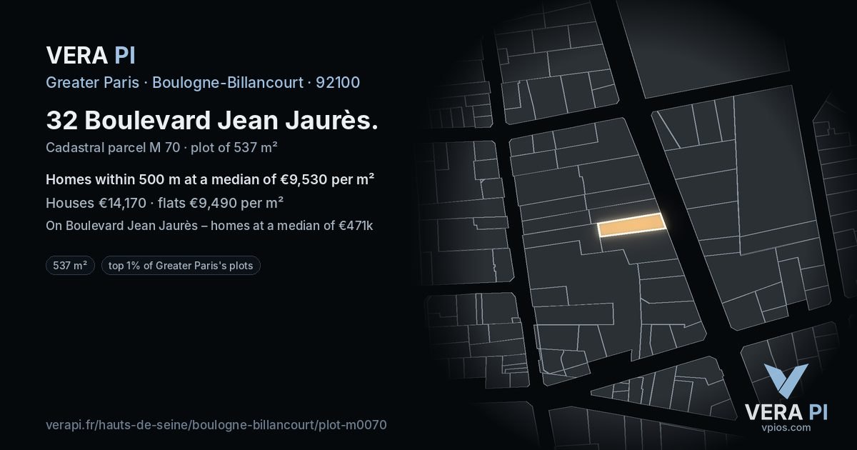 32 Boulevard Jean Jaurès, Boulogne-Billancourt at night – the plot lit, the parcels around coloured by the prices near them