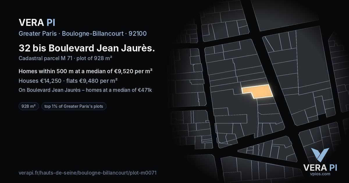 32 bis Boulevard Jean Jaurès, Boulogne-Billancourt at night – the plot lit, the parcels around coloured by the prices near them