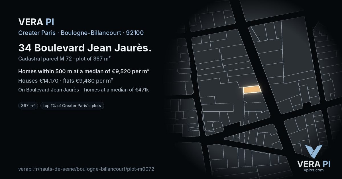 34 Boulevard Jean Jaurès, Boulogne-Billancourt at night – the plot lit, the parcels around coloured by the prices near them