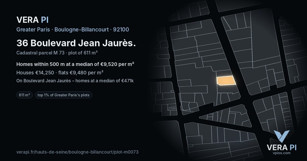 36 Boulevard Jean Jaurès, Boulogne-Billancourt at night – the plot lit, the parcels around coloured by the prices near them