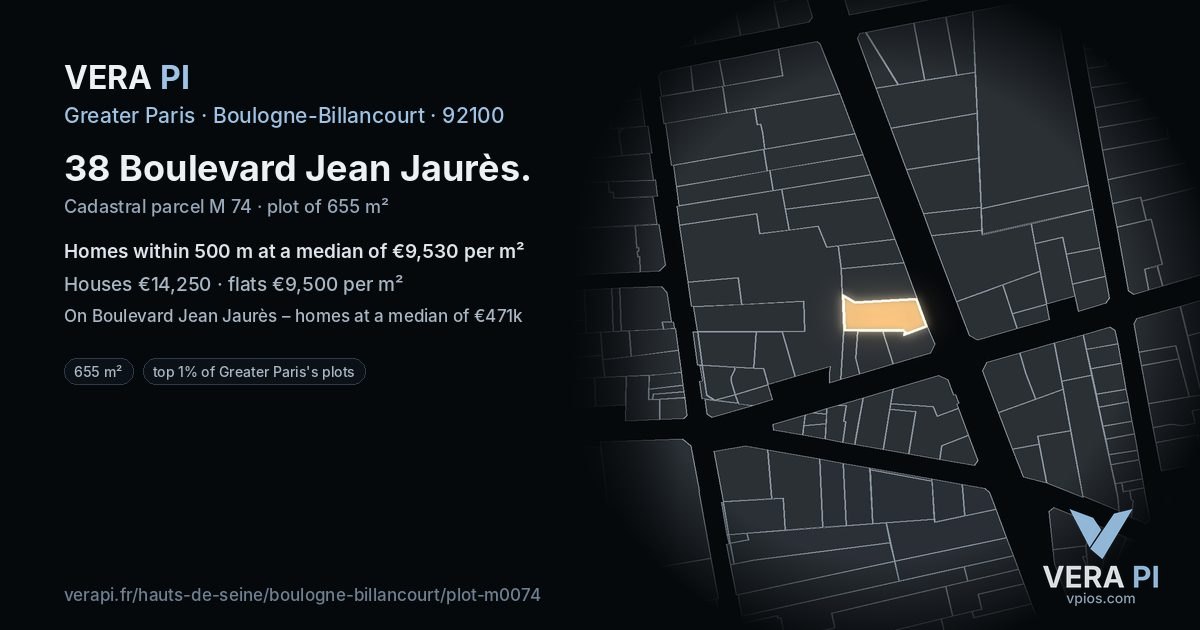 38 Boulevard Jean Jaurès, Boulogne-Billancourt at night – the plot lit, the parcels around coloured by the prices near them